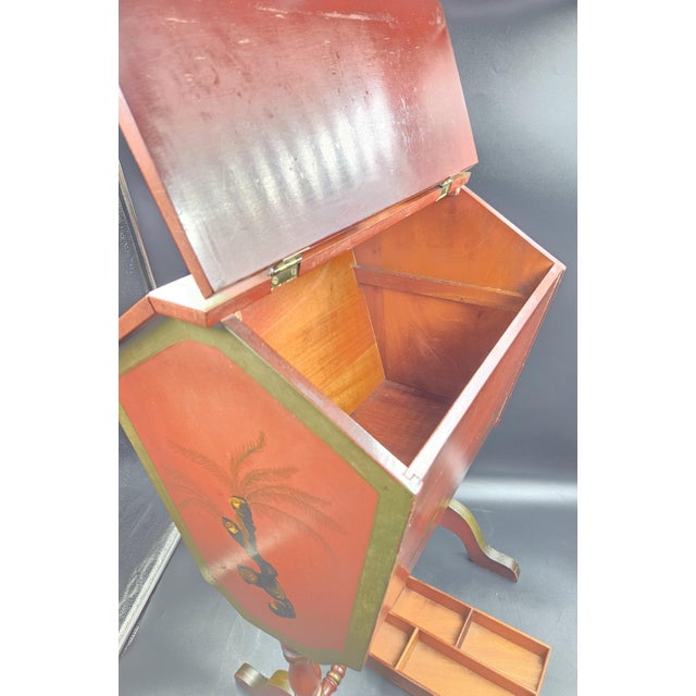 20th Century English Style Red Japan Hinged Two-Sided Flip-Open Top Sewing Cabinet With Removable Tray For Sale - Image 14 of 18