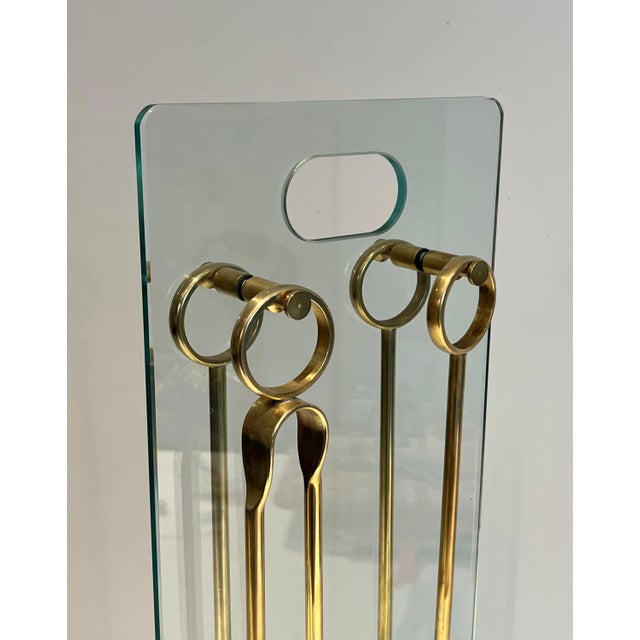 Transparent Glass and Brass Design Fireplace Tools - 5 Pieces For Sale - Image 8 of 13
