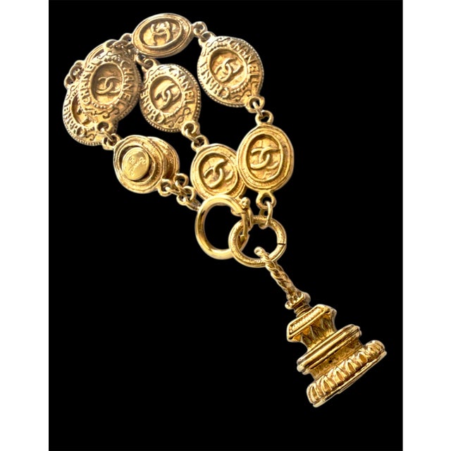 70s Chanel Bracelet Seal Charm Double C CC Gold Plated Logo Coco Vintage For Sale - Image 16 of 17