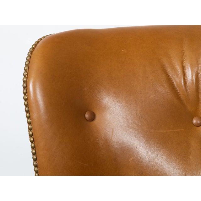 English Brown Leather Wingback Chair with Brass Nailhead Trim, circa 1930-1940 For Sale - Image 4 of 12