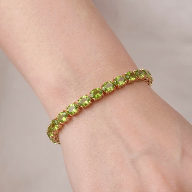 Natural Peridot Tennis Bracelet | Oval Cut Green Gemstone Bracelet | 18k Gold Plated Silver August Birthstone Bracelet For Sale - Image 4 of 4