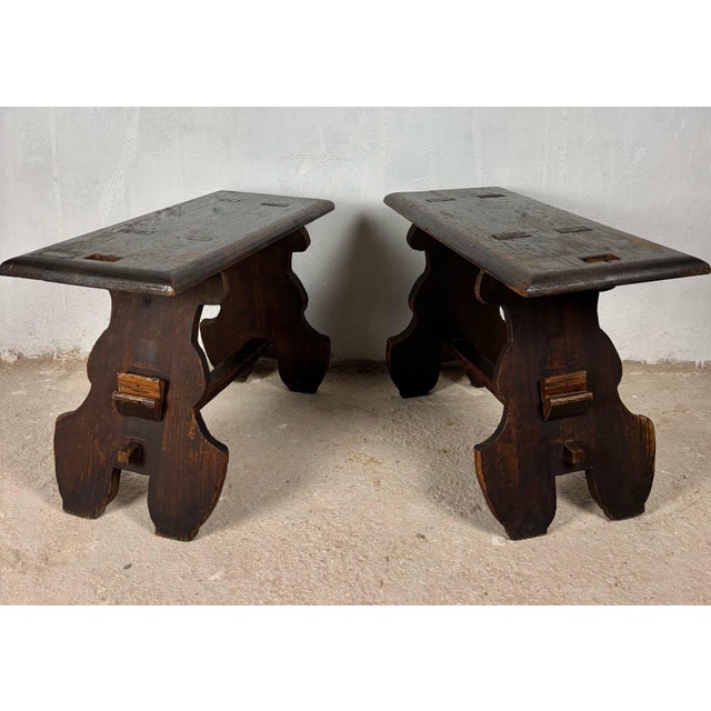 1900 - 1909 Pair of Rustic Spanish Wooden Stools, 1900s For Sale - Image 5 of 12