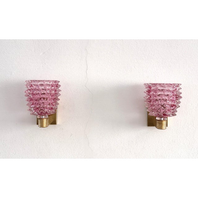 Italian Art Deco Brass and Pink Rostrato Murano Glass Wall Sconces, 1990s, Set of 2 For Sale - Image 3 of 13