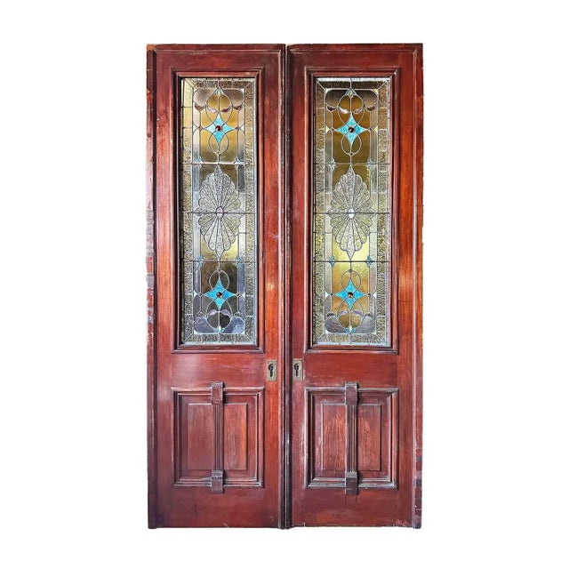 Antique Pocket Doors Mahogany With Stained Glass - A Pair For Sale - Image 9 of 10