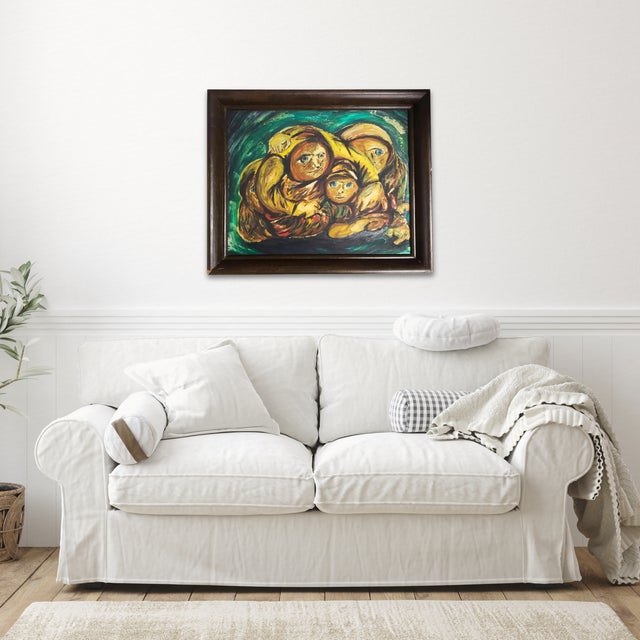 "The Family" - A psychologically charged 1960s figurative study featuring three "haunting" figures with striking blue eyes...