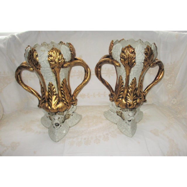 Vintage Italy Dolphin Base & Double Snake Handle Gold & Grey Vases- a Pair For Sale - Image 13 of 13