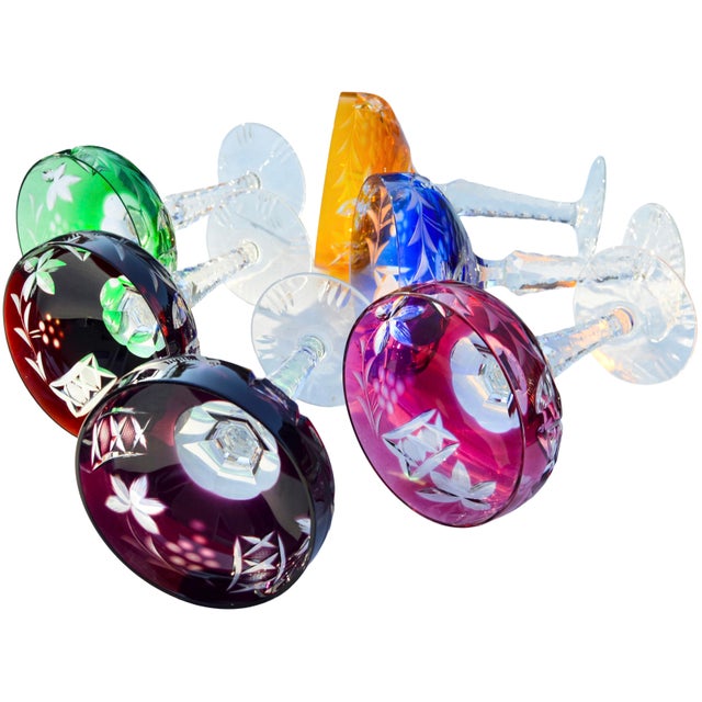Mid 20th Century Mid 20th Century Handblown Colorful Cut-to-Clear Crystal Coupes- S/6 For Sale - Image 5 of 6