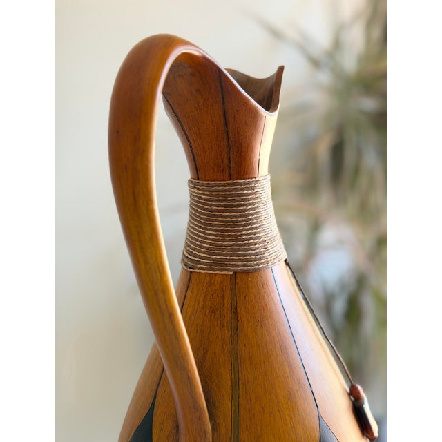 Mid 20th Century Vintage Midcentury African Bentwood Pitcher Vase With Sculptural Neck and Curving Handle, Teardrop Accents, Feather and Stone Tassel Detail For Sale - Image 5 of 12
