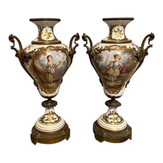 19th Century French Louis XVI Sevre Porcelain Vases Made of Porcelain and Bronze- a Pair For Sale