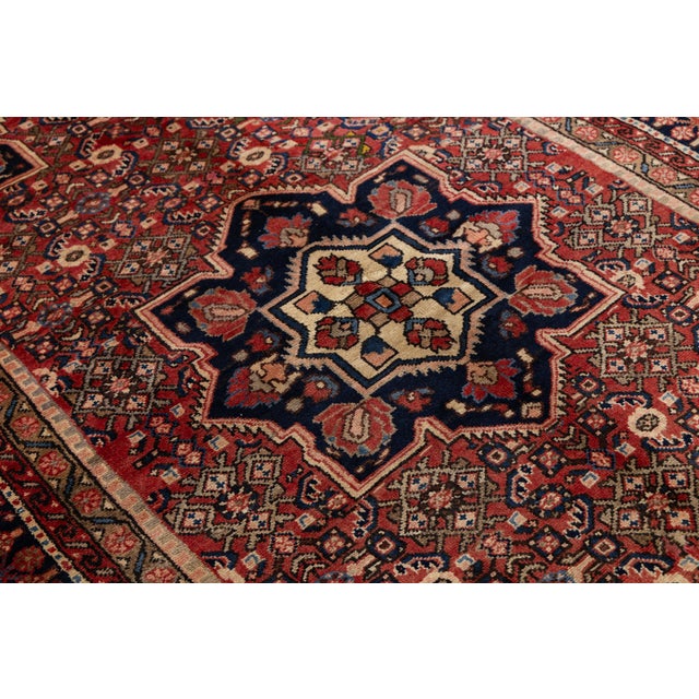 Red Vintage Hamadan Hand-Knotted Wool Rug With Geometric Medallion – Red & Navy For Sale - Image 8 of 9
