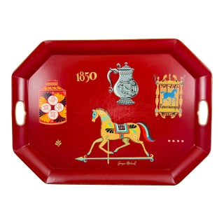 Georges Briard Tole De Lys Large Red Serving Tray, Enameled Metal, Mid-Century For Sale
