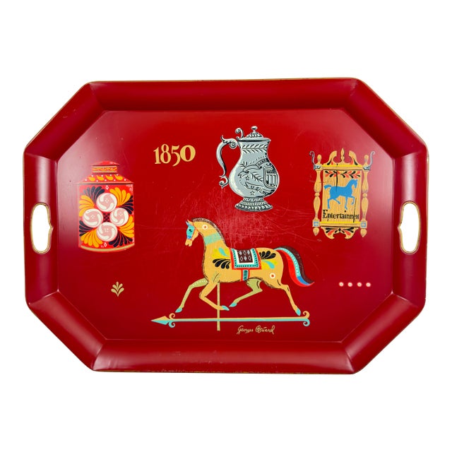 Georges Briard Tole De Lys Large Red Serving Tray, Enameled Metal, Mid-Century For Sale