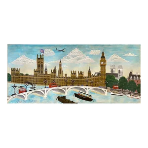 Andrew Murray, Naive London Street Scene Folk Art Oil Painting Big Ben, Parliament, Union Jack