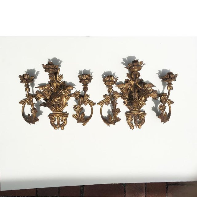 1920s 1920s Antique Gilt Tole 3 Arm Hard Wired Sconces Italy - a Pair For Sale - Image 5 of 5