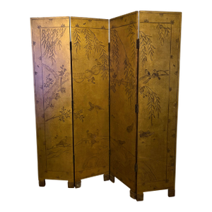 Antique Asian Four Panel Lacquered Screen With Gold Leaf and Brass Hinges