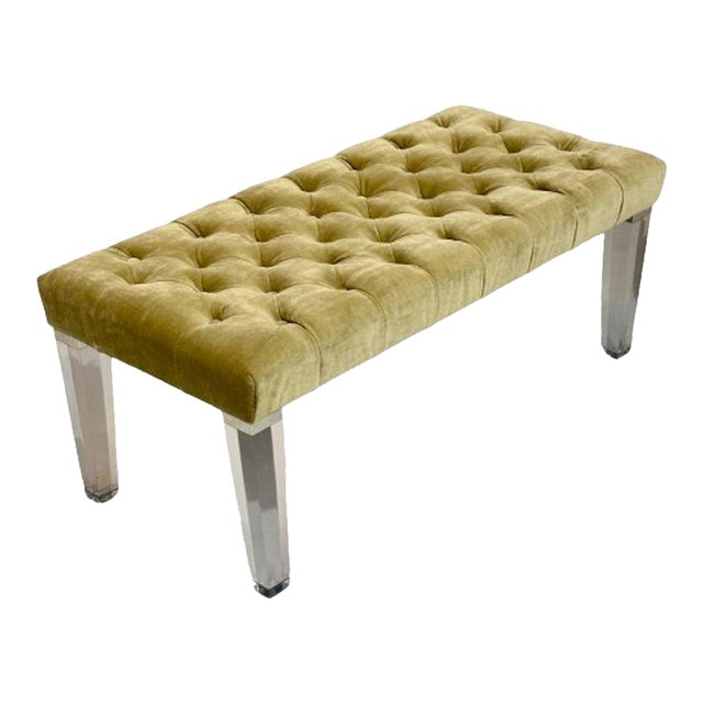 Contemporary, Modern Tufted Window Bench, Chrome, Acrylic, Green Velvet, 2010s For Sale