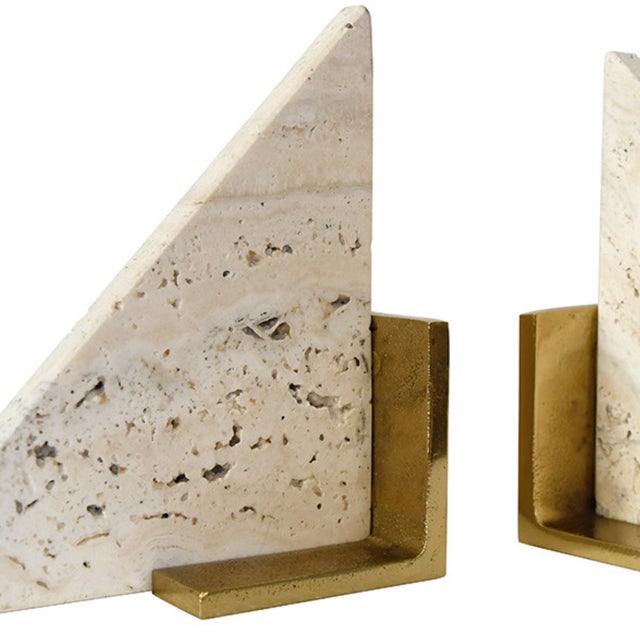 Contemporary Matthew Izzo Home Trio Triangle Travertine Marble Bookends With Brass Base For Sale - Image 3 of 4