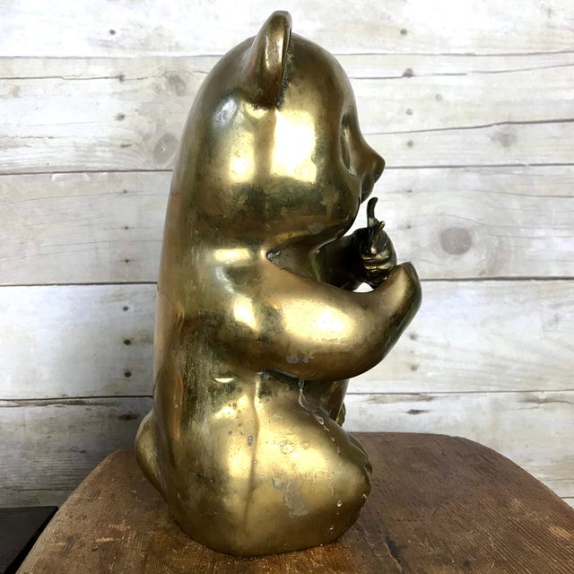 Vintage Mid-Century Brass Panda Bear Eating Bamboo Home Decor Heavy Statue For Sale In Minneapolis - Image 6 of 14