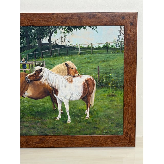 David Lamb Shetland Groom Original British Equestrian Oil Painting of Two Ponies An original early 21st-century British...