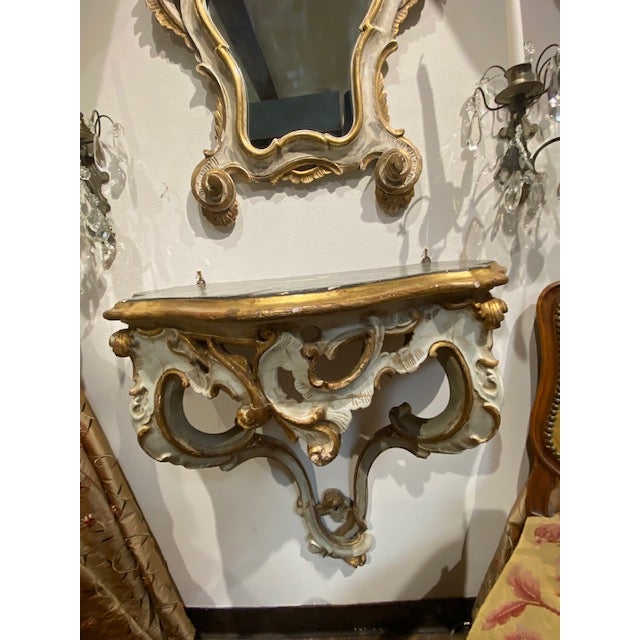 Wood 1700s Italian Faux Marble Wall Console & Mirror For Sale - Image 7 of 8