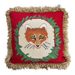 Custom Needlepoint Fox Hunt Pillow With Designer Fringe 18"x18"– English Country House / Ralph Lauren Equestrian Style For Sale