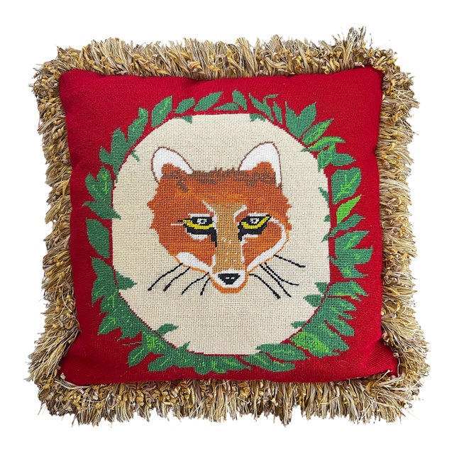 Custom Needlepoint Fox Hunt Pillow With Designer Fringe 18"x18"– English Country House / Ralph Lauren Equestrian Style For Sale
