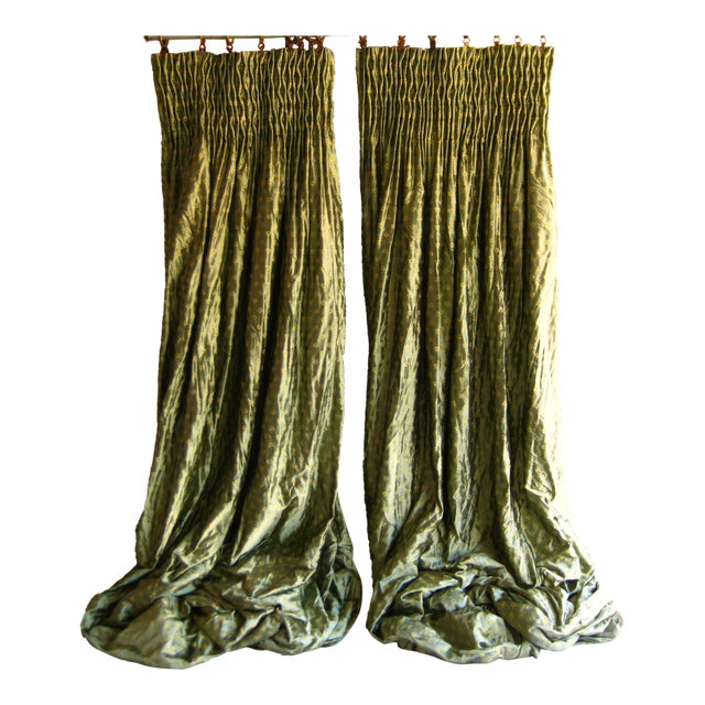 1980s French Empire Napoleon Style Green Silk Large Pair of Curtains ( 5 Pairs Available ) For Sale