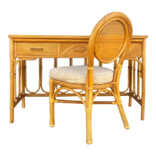 Gabriela Crespi Style Split-Reed Rattan Motif Writing Desk With Matching Desk Chair For Sale