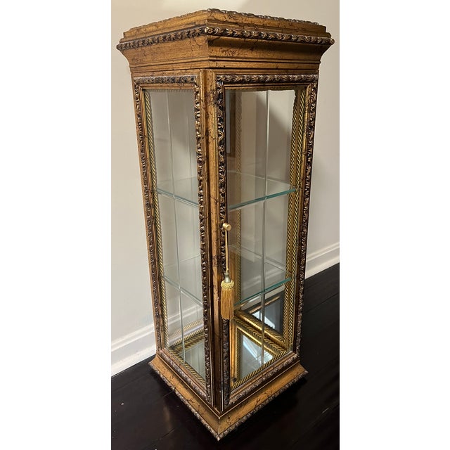 Neiman Marcus Italian Antiquated Gold-Gilt Pedestal Small Curio Cabinet Vitrine Display. Handcrafted wood composite or...