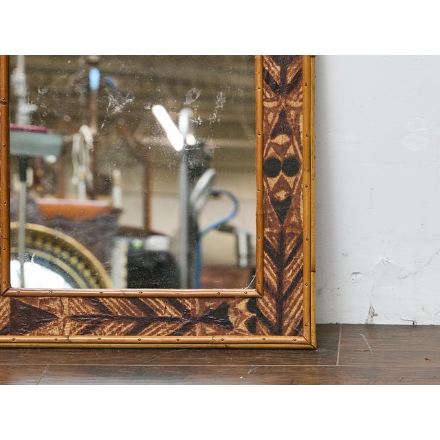 Wood Pair of Painted Wood Mirrors with Bamboo Frames and Tribal Motif Detailing For Sale - Image 7 of 12