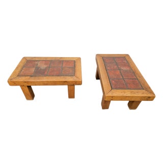 Brutalist Oak Side Tables with Terracotta Tiles, 1950s, Set of 2 For Sale