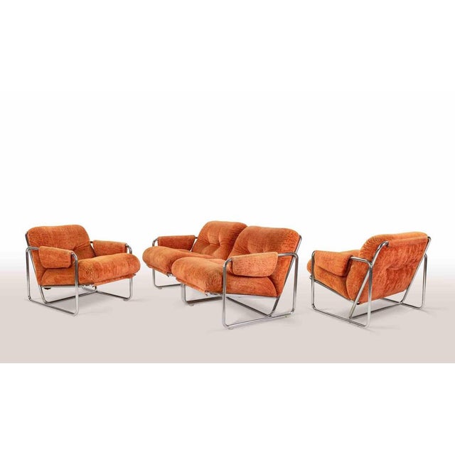 Vintage set of lounge chairs "Tucroma" series by Guido Faleschini, Italy 1970s. Chromed steel and orange velvet. Good...