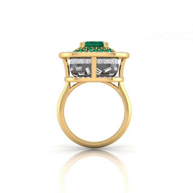 2 Carat Certified Colombian Emerald Cocktail Ring With Emerald Double Halo and Diamond Base Sz8 For Sale - Image 4 of 5