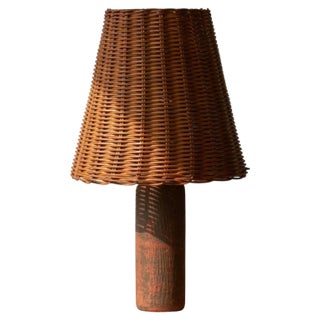 Mid-Century Studio Pottery Table Lamp in Chamotte Clay with Rattan Shade, 1940s For Sale