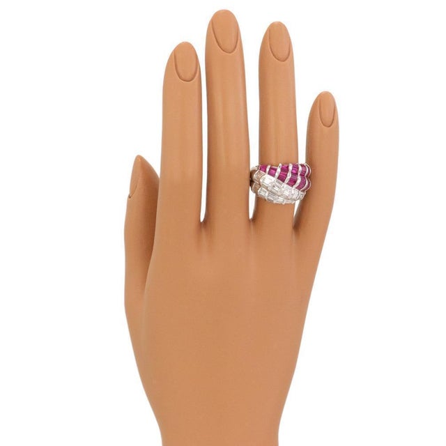 Late 20th Century Modern Style Baguette Diamond Ruby 18k Gold Dome Ring For Sale - Image 5 of 5
