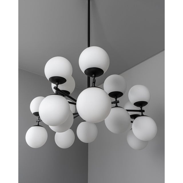 Zodiac 18-Light Contemporary Mirrored Glass Globe Chandelier - Brass, Gunmetal, Nickel, Opal Mat, Marbled, Ribbon Glass - Made to Order by Schwung For Sale - Image 10 of 12