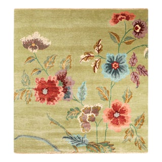 Rug & Kilim’s Chinese Art Deco Style Square Rug in Green With Floral Patterns For Sale