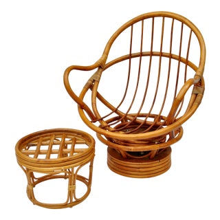1960's Vintage Boho Chic Rattan Rocking and Swivel Lounge Chair For Sale
