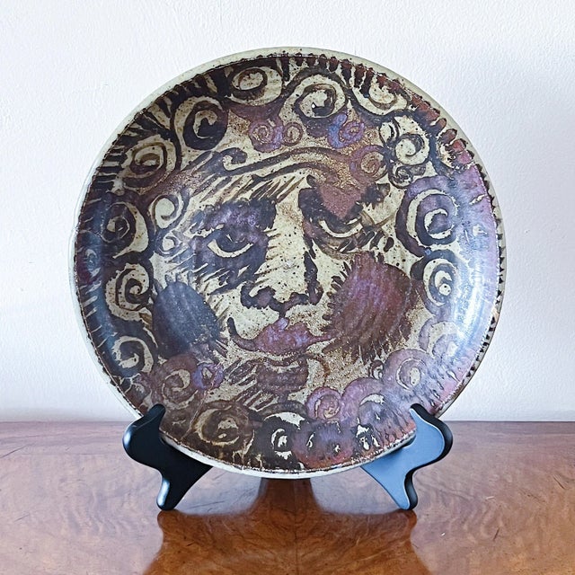 Antique Art Nouveau Ceramic Charger Plate Bowl With Whimsical Glazed Portrait Face by experienced hand. Approx 11D x 1.5H...