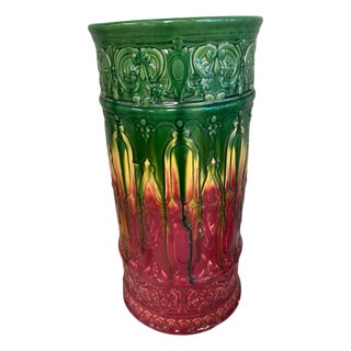 Mid 20th Century Blended Majolica Multi Colored Drip Glazed Art Pottery 21.5" Umbrella Stand For Sale