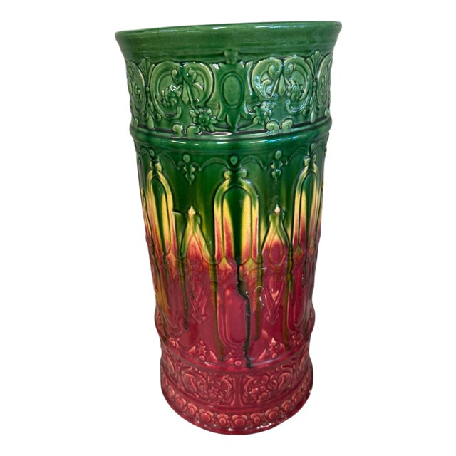 Mid 20th Century Blended Majolica Multi Colored Drip Glazed Art Pottery 21.5" Umbrella Stand For Sale