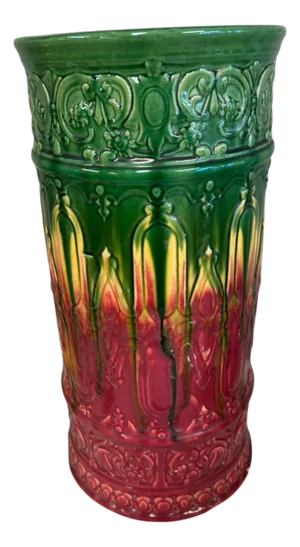 Mid 20th Century Blended Majolica Multi Colored Drip Glazed Art Pottery 21.5" Umbrella Stand