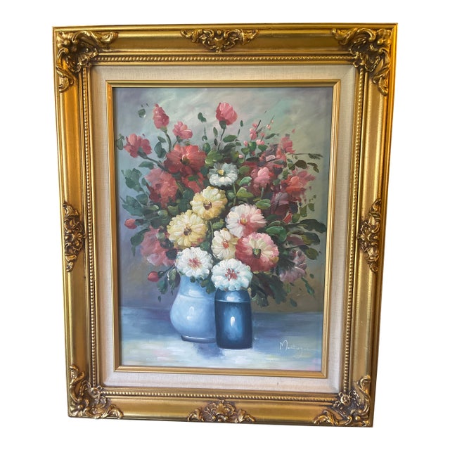 1990s Montague Gorgeous Still Life - Florals in Blue - Original Oil on Canvas - Framed For Sale