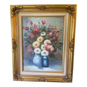 1990s Montague Gorgeous Still Life - Florals in Blue - Original Oil on Canvas - Framed