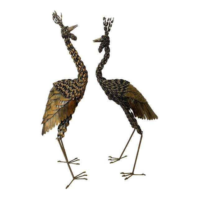 Vintage Artisan Crafted Recycled Metal Standing Crane Sculptures- A Pair For Sale