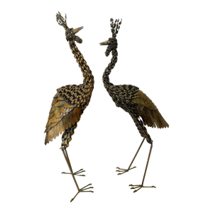 Vintage Artisan Crafted Recycled Metal Standing Crane Sculptures- A Pair