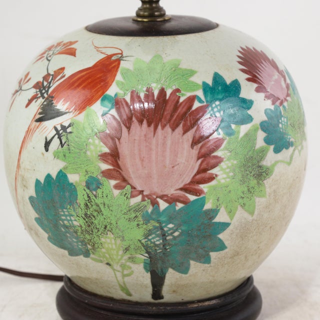 Famille Rose Antique Porcelain Vase Lamp With Bird and Floral Motif on Wood Base For Sale - Image 11 of 18