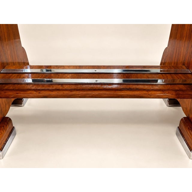 1930s Art Deco Extendable Table Walnut Burl Veneer and Chrome-Plated Metal, 1930s For Sale - Image 5 of 8