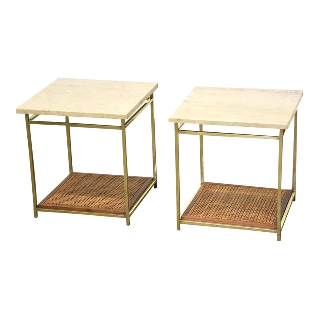 1960s Paul McCobb Brass and Travertine End Tables - a Pair For Sale