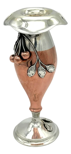American Art Nouveau Mixed Metal Copper & Sterling Cherry Motif Vase